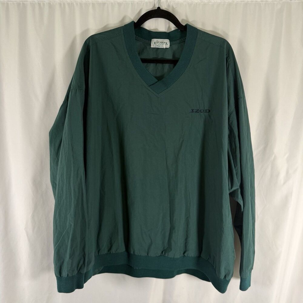 Vintage Izod Windbreaker Men's XL Green Golfing V-Neck Pockets Long Sleeve